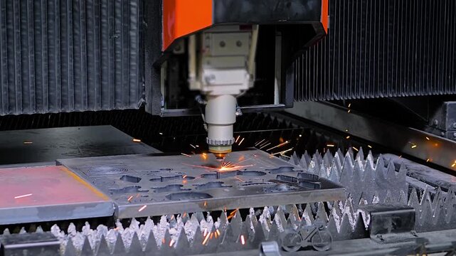 Slow motion: Automatic cnc plasma cutting machine is operating on thick sheet metal with sparks at factory, plant. Metalworking, equipment, technology, machining, industrial, and manufacturing concept