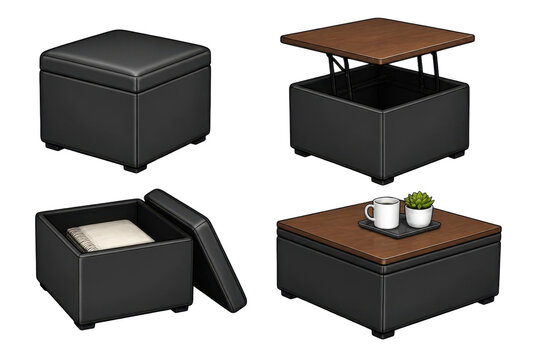 Set of modern black leather storage ottomans with lifting wooden tops and internal compartments, isolated on transparent background.