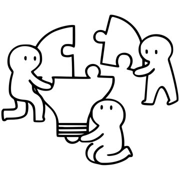 Teamwork assembling lightbulb puzzle for creative idea solution vector
