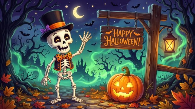 Happy skeleton in halloween costume waving at a pumpkin