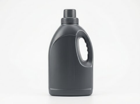 Dark gray plastic detergent bottle with handle and cap isolated on white background