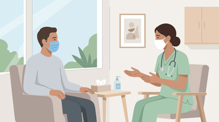 Fototapeta premium Doctor and patient with masks consulting in office, healthcare concept