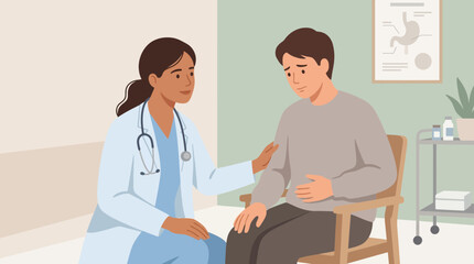 Obraz premium Doctor comforting patient with stomach ache, medical examination illustration