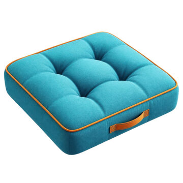 Isolated square teal tufted floor cushion with plush textured fabric, orange piping border, and convenient carrying handle, ideal for home decor.