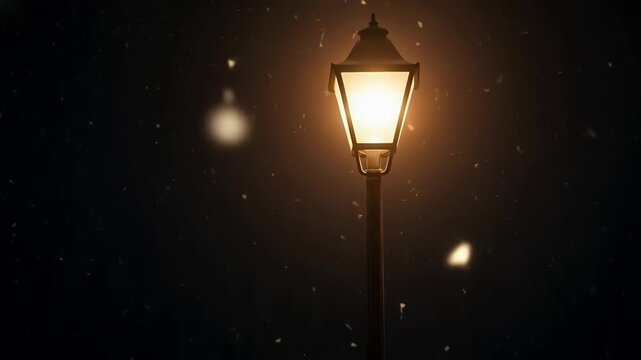 ?Peaceful snowfall under streetlight at night captured in serene evening scene
