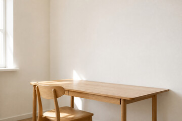 Fototapeta premium Empty Scandinavian Office Corner with Oak Desk and Wooden Chair