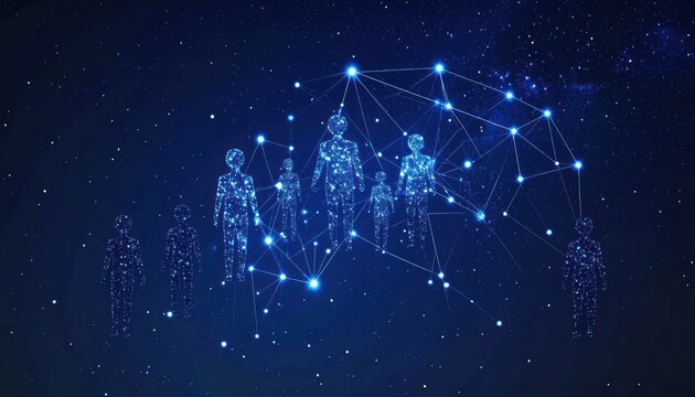 Digital network forming human shapes in starry sky.