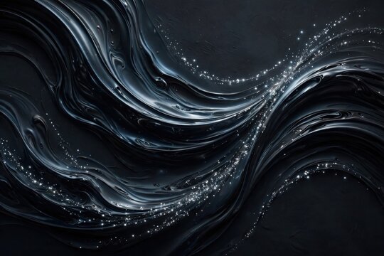 Abstract Dark Swirling Liquid Waves with Bubbles and Light Reflections.