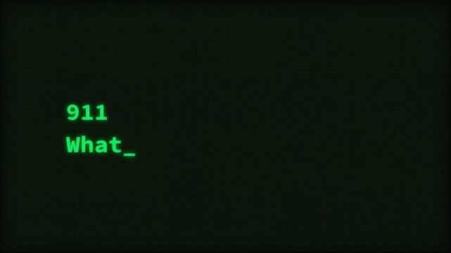 Looping "911 What's your emergency?" text in a retro computer style: bright green neon color, typewriter font, computer screen. 4K reveal animation for true crime shows, channels, social media.