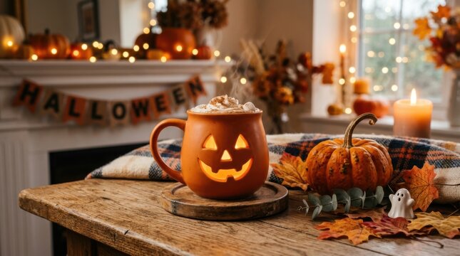 Pumpkin spice mug with carved jack-o-lantern face on rustic wooden table