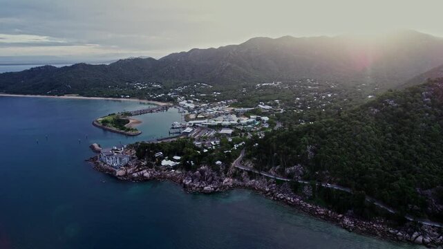 Nelly Bay aerial reveal at sunrise, Magnetic Island