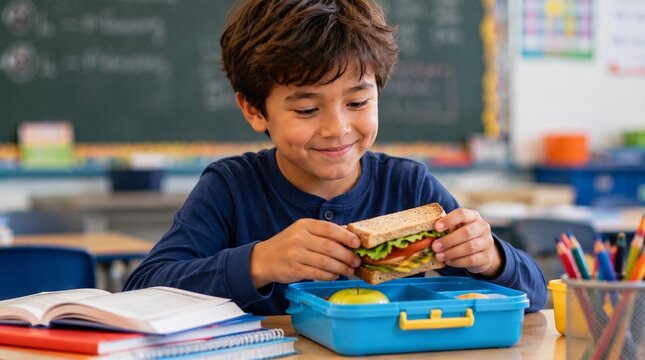 Happy elementary school boy holding a healthy sandwich from his blue lunchbox while sitting at a desk in the classroom