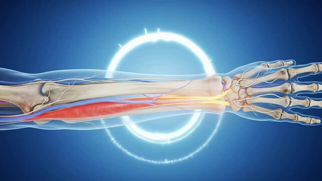 Detailed Digital Illustration of Human Arm Anatomy Showcasing Bones, Arteries, and Muscles Against a Blue Background for Medical and Educational Use
