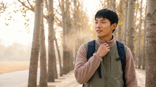 Young East Asian man adjusts his collar while walking beside a quiet tree-lined path, where soft golden backlight and sparse fall foliage create an understated portrait of solitary outdoor travel