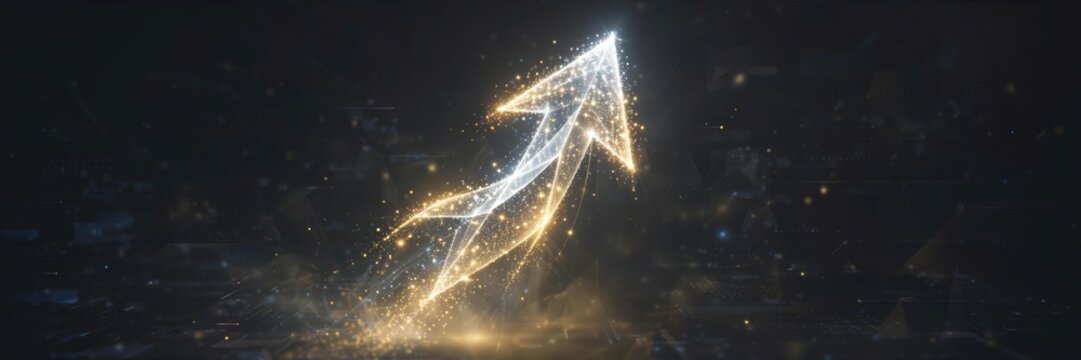 Abstract Glowing Arrow Ascending with Energetic Light Trails on Dark Background.