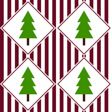 Christmas Tree Seamless Pattern with Maroon and White Stripes Background, suitable for fabric design, packaging or wallpaper