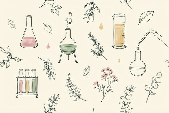 Hand drawn seamless pattern featuring laboratory glassware, beakers, test tubes, and various botanical leaves on a light beige background