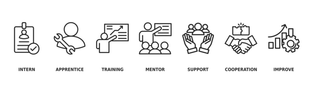 Trainee banner web icon vector illustration concept for internship training and learning program apprenticeship with an icon of  intern, apprentice, training, mentor, support, cooperation, and improve