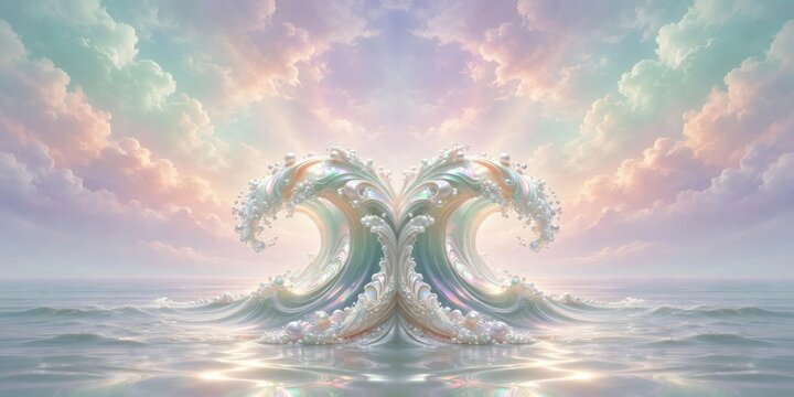 Surreal Dreamscape of Twin Waves Under a Pastel Rainbow Sky.