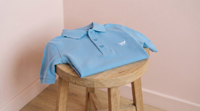 Light blue polo shirt mockup folded on wooden stool against pink wall with embroidered paper plane logo