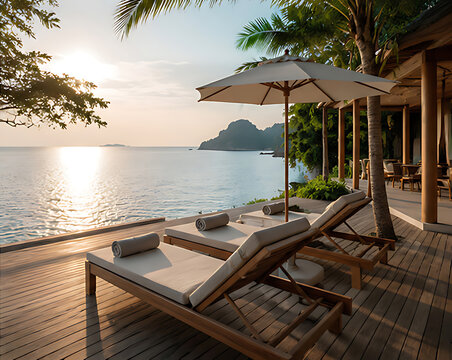 Tropical Beach Lounge Chairs and Umbrella by the Sea at a Relaxing Island Resort on Sunny Summer Vacation