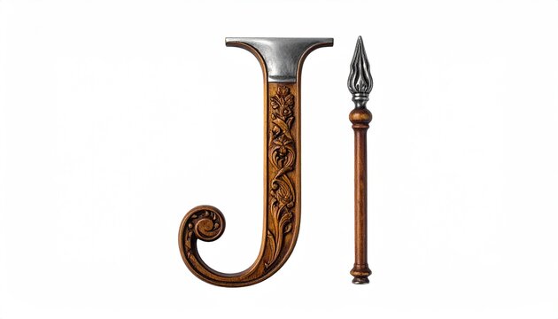 Ornate Letter J with Elaborate Carved Wood Texture and Metallic Serif