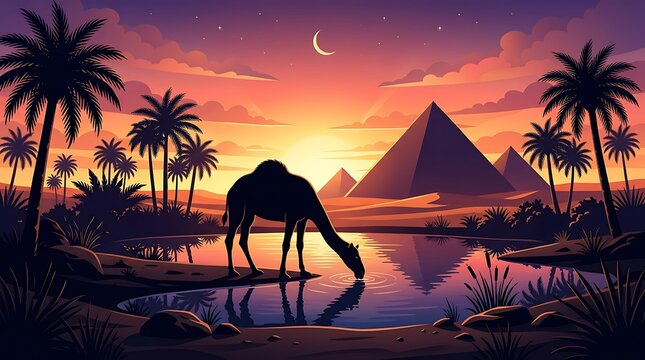 Camel Drinking at Pyramids Sunset.