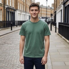 Obraz premium Young man in a green t-shirt stands on a cobblestone city street lined with traditional brick buildings.