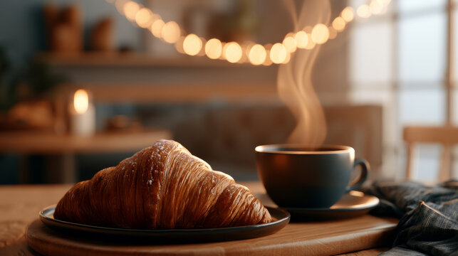 Warm croissant served with a cup of coffee on a rustic wooden table in a charming cafe atmosphere