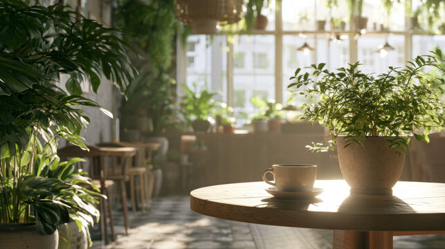 Inviting indoor plant cafe bathed in sunlight featuring a warm cup of coffee on a rustic wooden table
