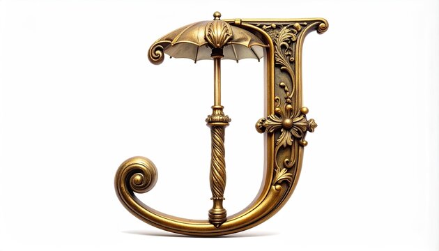 Ornate Golden Letter J with Umbrella Ornament in Vintage Style
