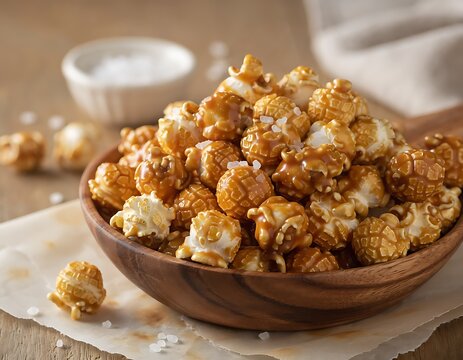 Caramel Popcorn in Wooden Bowl on Table.