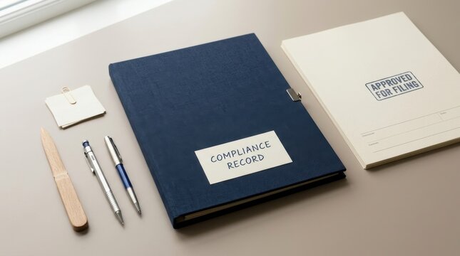 Blue compliance record folder alongside approved for filing documents on a professional desk with stationery and pens showcasing corporate governance, regulatory standards, and business efficiency.