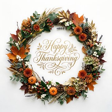 Autumn wreath with calligraphy and seasonal foliage on white background