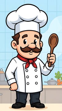 Cartoon chef holding wooden spoon in kitchen.