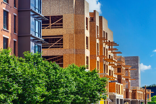 Modern multi-story wood frame building under construction with OSB panels in an urban setting, featuring green trees and a clear blue sky.