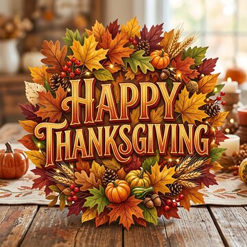 Happy thanksgiving festive lettering surrounded by colorful autumn leaves and pumpkins