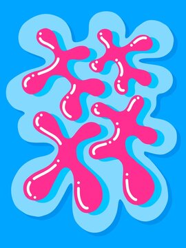 Abstract Y2K Pink Blob Splat Shapes on Vibrant Blue Background - Trendy Retro Groovy Style. Neon Pink and Blue Organic Fluid Jelly Doodle Shapes