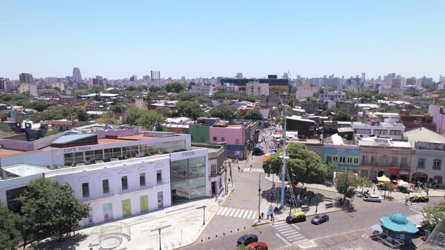 4K drone aerial view of Caminito in La Boca, Buenos Aires, Argentina. Colorful streets, historic buildings and one of the city&rsquo;s most iconic cultural and tourist attractions.