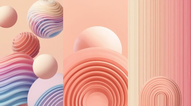 Pastel gradient spherical designs with swirled textures in warm 3d poster style
