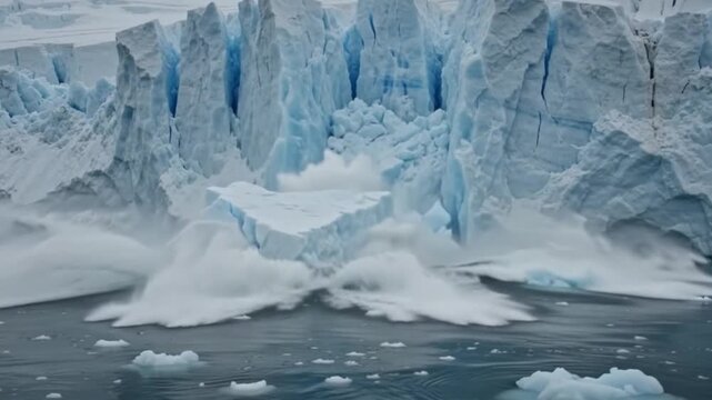 Massive melting ice glacier wall in ocean global warming concept
