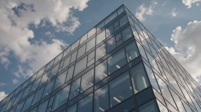 Modern glass office building facade reflecting sky and clouds