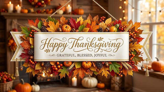 Warm thanksgiving home decor with autumn leaves and festive banner