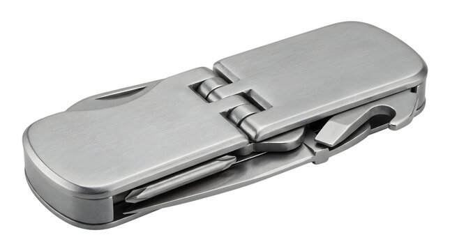Closed stainless steel multi tool pocket knife isolated on transparent background