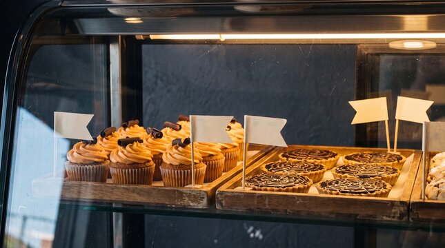 Halloween bakery display case with spiderweb tarts and cupcakes