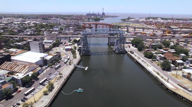4K drone aerial view of La Boca waterfront in Buenos Aires, Argentina. Historic port area with colorful surroundings, docks and one of the city&rsquo;s most iconic neighborhoods.