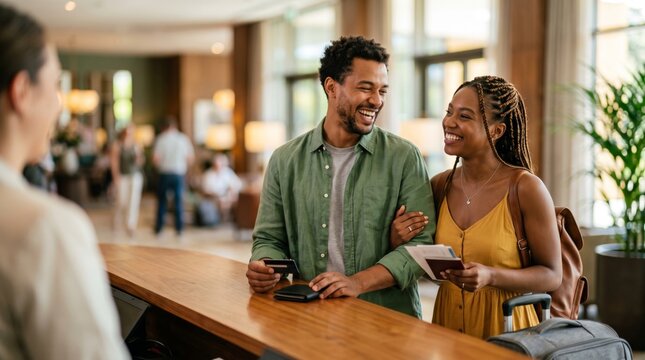 Happy young couple checking into a modern hotel with passports, luggage and credit card at reception desk