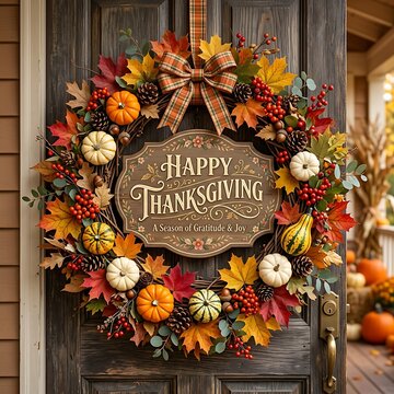 Festive autumn wreath with happy thanksgiving sign on wooden door