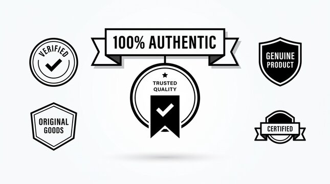Authentic quality badges set, black and white product certification labels, verified original goods icons for ecommerce marketing