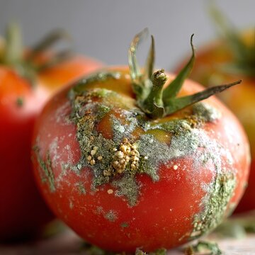 Ripe red tomato showing severe fungal decay with vibrant green mold spots captured in sharp macro detail under natural light
